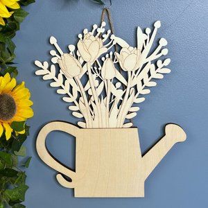 Decorative Wood Watering Can w/ Flowers Wooden Wall Hanging Decor‎
